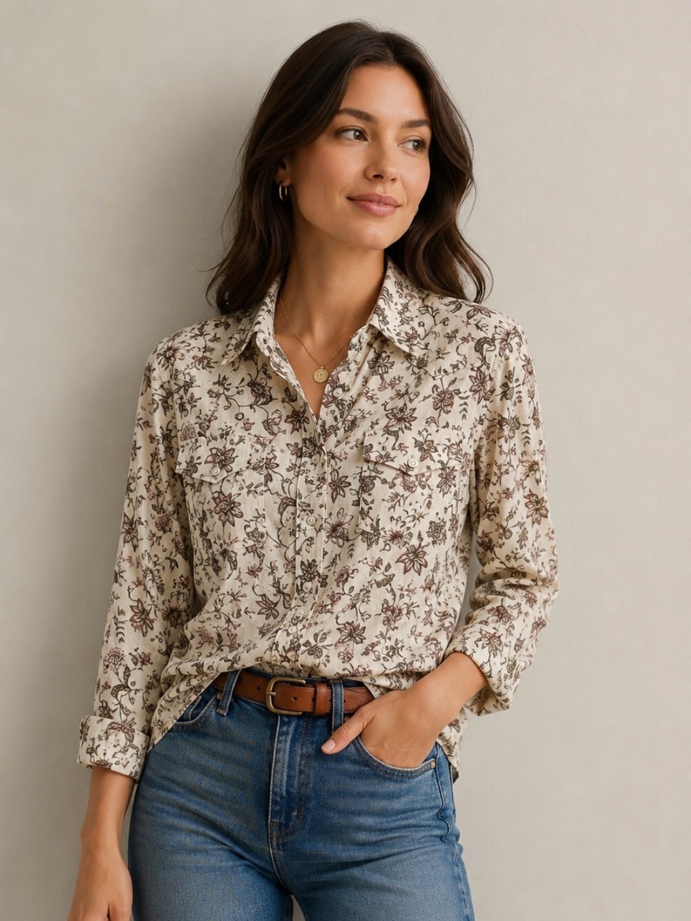 Lauren Ralph Lauren Cream Button-Down Shirt with Brown Floral Print size 2x